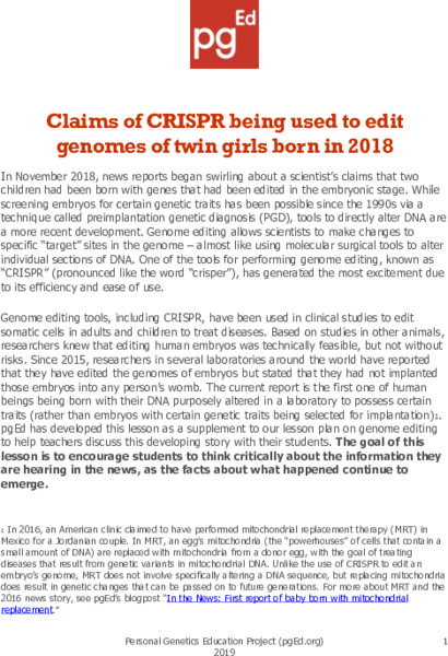 Claims of CRISPR Being Used to Edit Genomes of Twin Girls Born in 2018 Lesson Plan