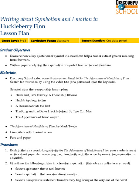 Writing about Symbolism and Emotion in Huckleberry Finn Lesson Plan
