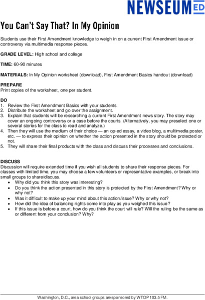 You Can’t Say That: In My Opinion Lesson Plan