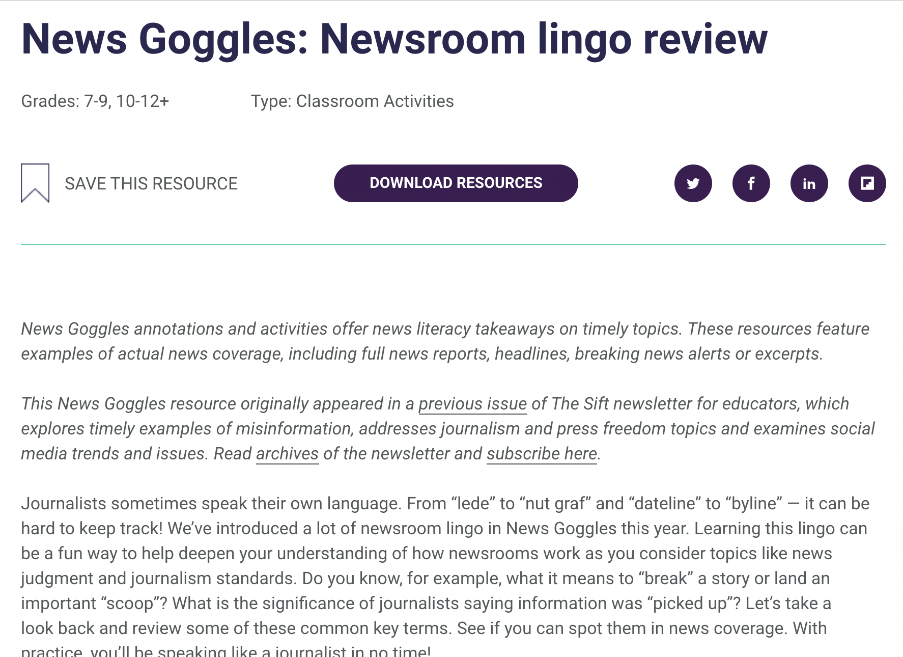 News Goggles: Newsroom Lingo Review Activity