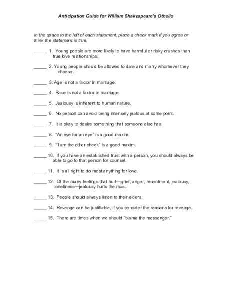 Anticipation Guide for William Shakespeare’s Othello Worksheet