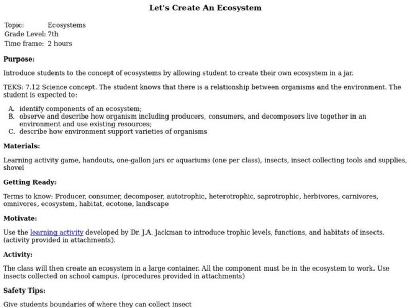Let's Create An Ecosystem Lesson Plan