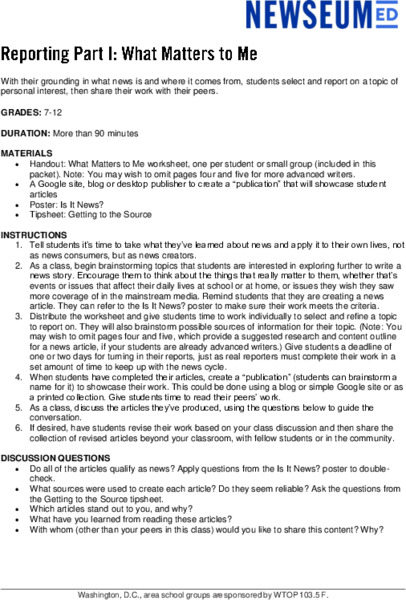 Reporting Part I: What Matters to Me Lesson Plan