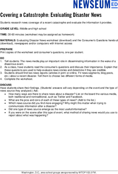 Covering a Catastrophe: Evaluating Disaster News Lesson Plan