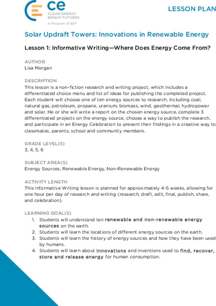 Informative Writing: Where Does Energy Come From? Lesson Plan
