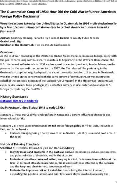 Guatemalan Coup of 1954: How Did the Cold War Influence American Foreign Policy Decisions? Lesson Plan