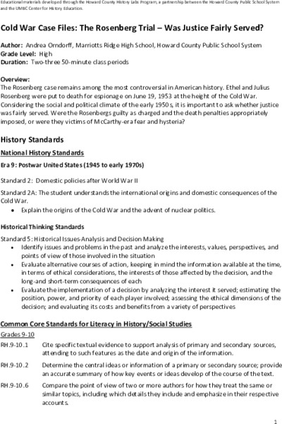 Cold War Case Files: The Rosenberg Trial - Was Justice Fairly Served? Lesson Plan