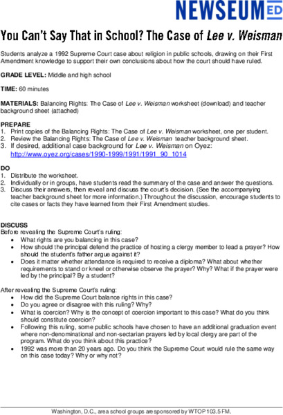 You Can't Say That in School? The Case of Lee v. Weisman Lesson Plan