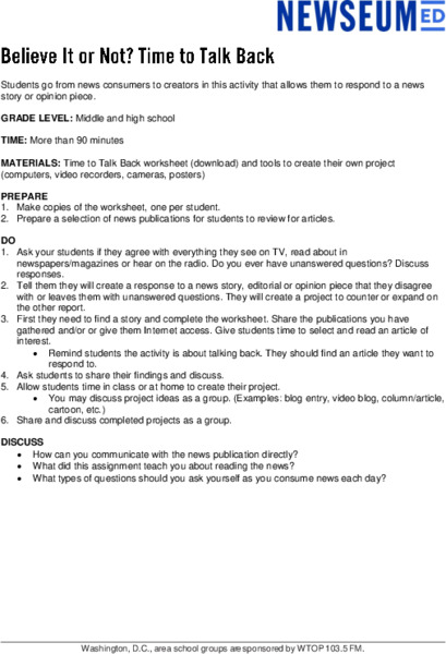 Believe It or Not? Time to Talk Back Lesson Plan