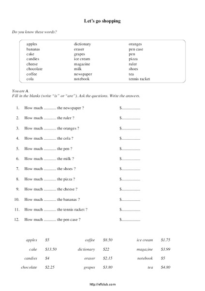 Let's Go Shopping Worksheet