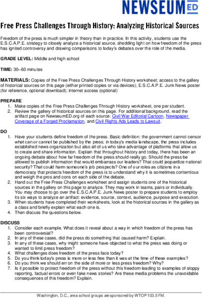 Free Press Challenges Through History: Analyzing Historical Sources Lesson Plan