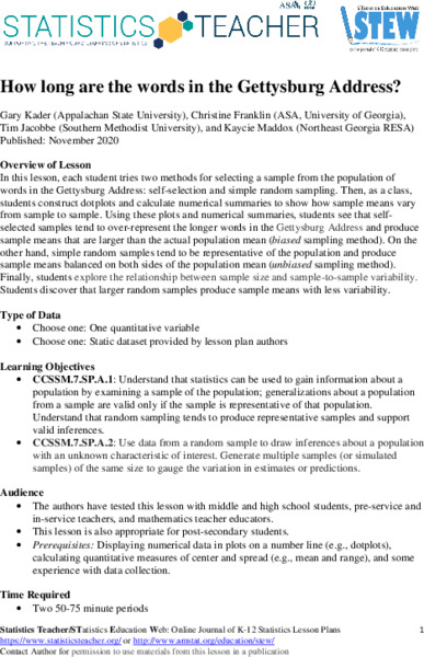 How Long Are the Words in the Gettysburg Address? Lesson Plan