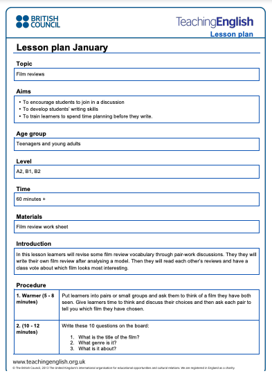 Film Reviews Lesson Plan