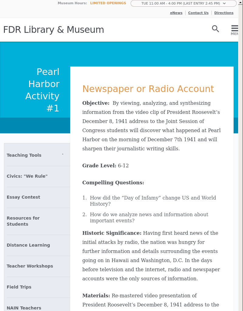 Pearl Harbor Activity #1: Newspaper or Radio Account Activity