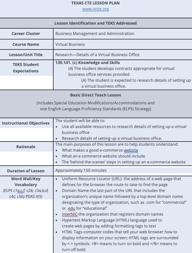 Research - Details of a Virtual Business Office Lesson Plan