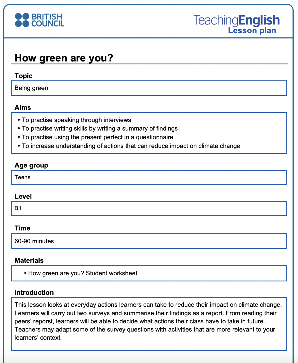 How Green Are You? Lesson Plan