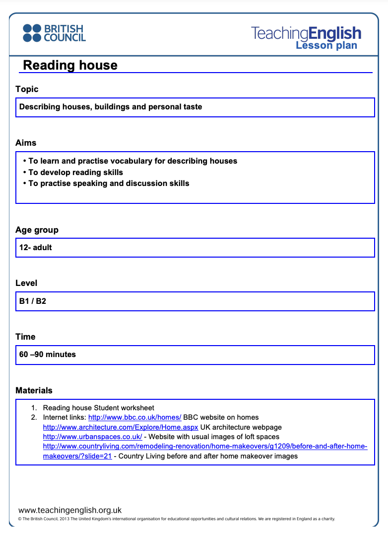 Reading House Lesson Plan