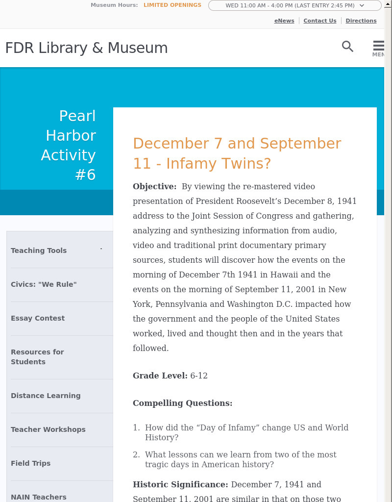 Pearl Harbor Activity #6: December 7 and September 11 - Infamy Twins? Activity