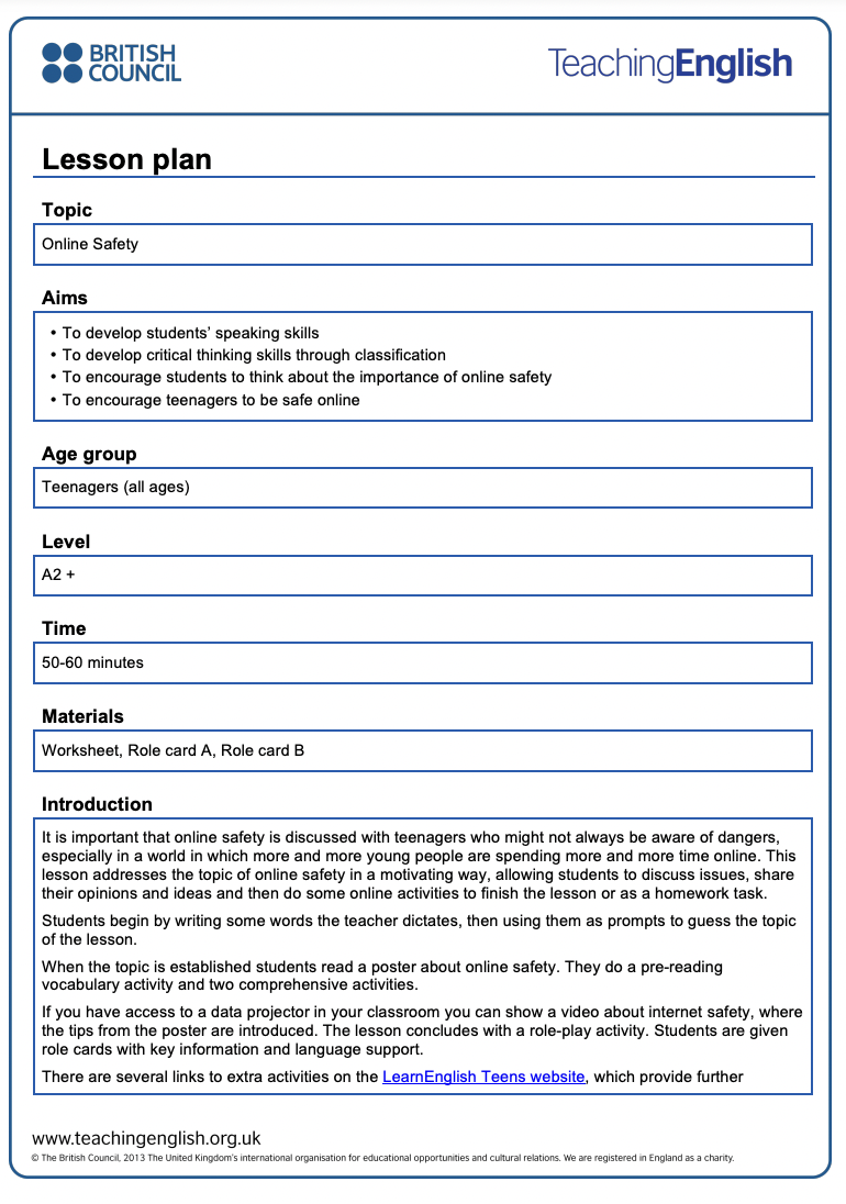 Online Safety for Teenagers Lesson Plan