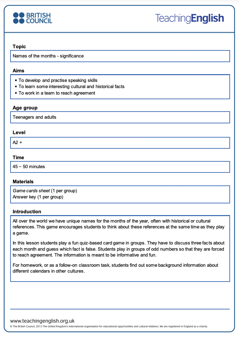 The Months of the Year Lesson Plan