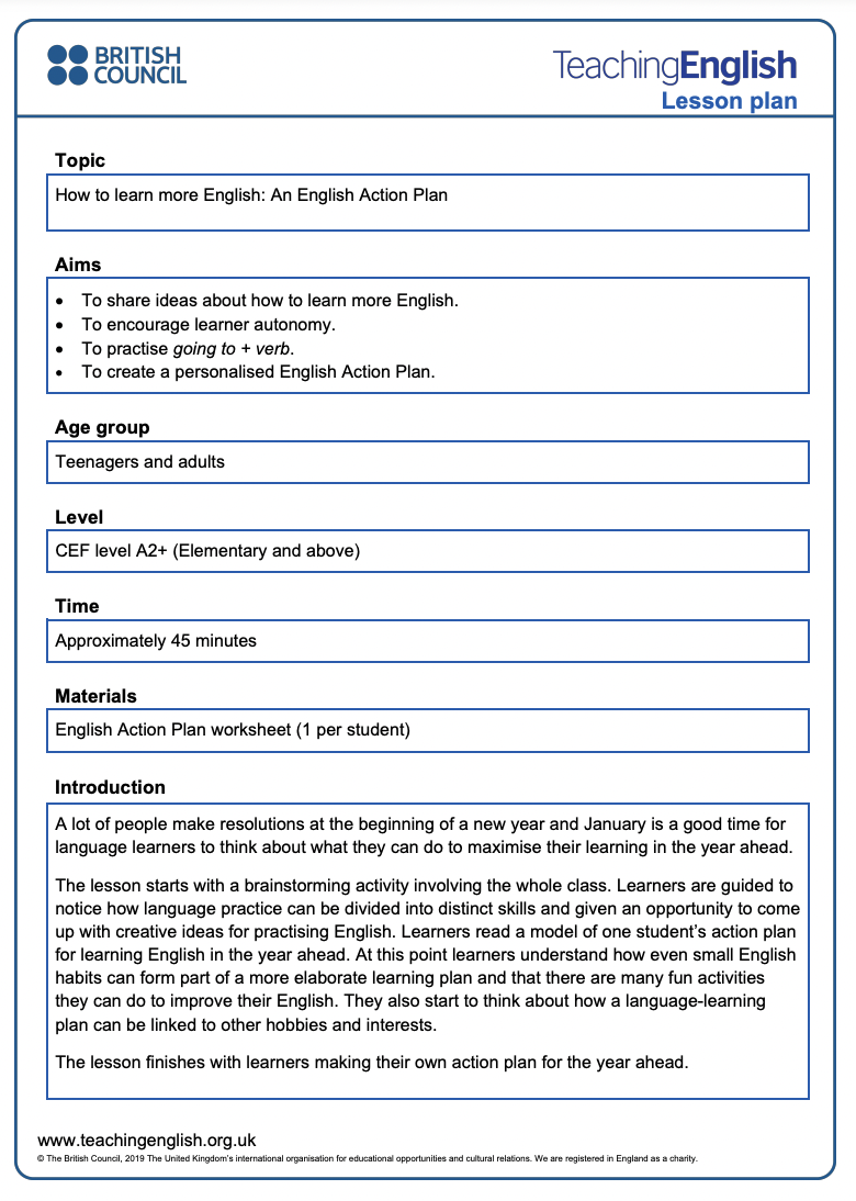 An English Action Plan Lesson Plan