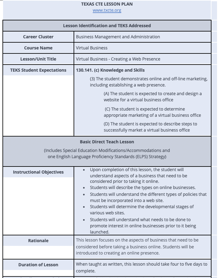 Virtual Business - Creating a Web Presence Lesson Plan