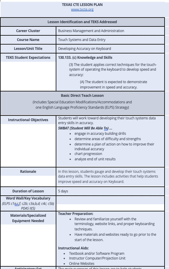 Developing Accuracy on Keyboard Lesson Plan