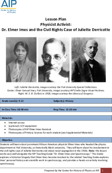 Physicist Activist: Dr. Elmer Imes and the Civil Rights Case of Juliette Derricotte Lesson Plan