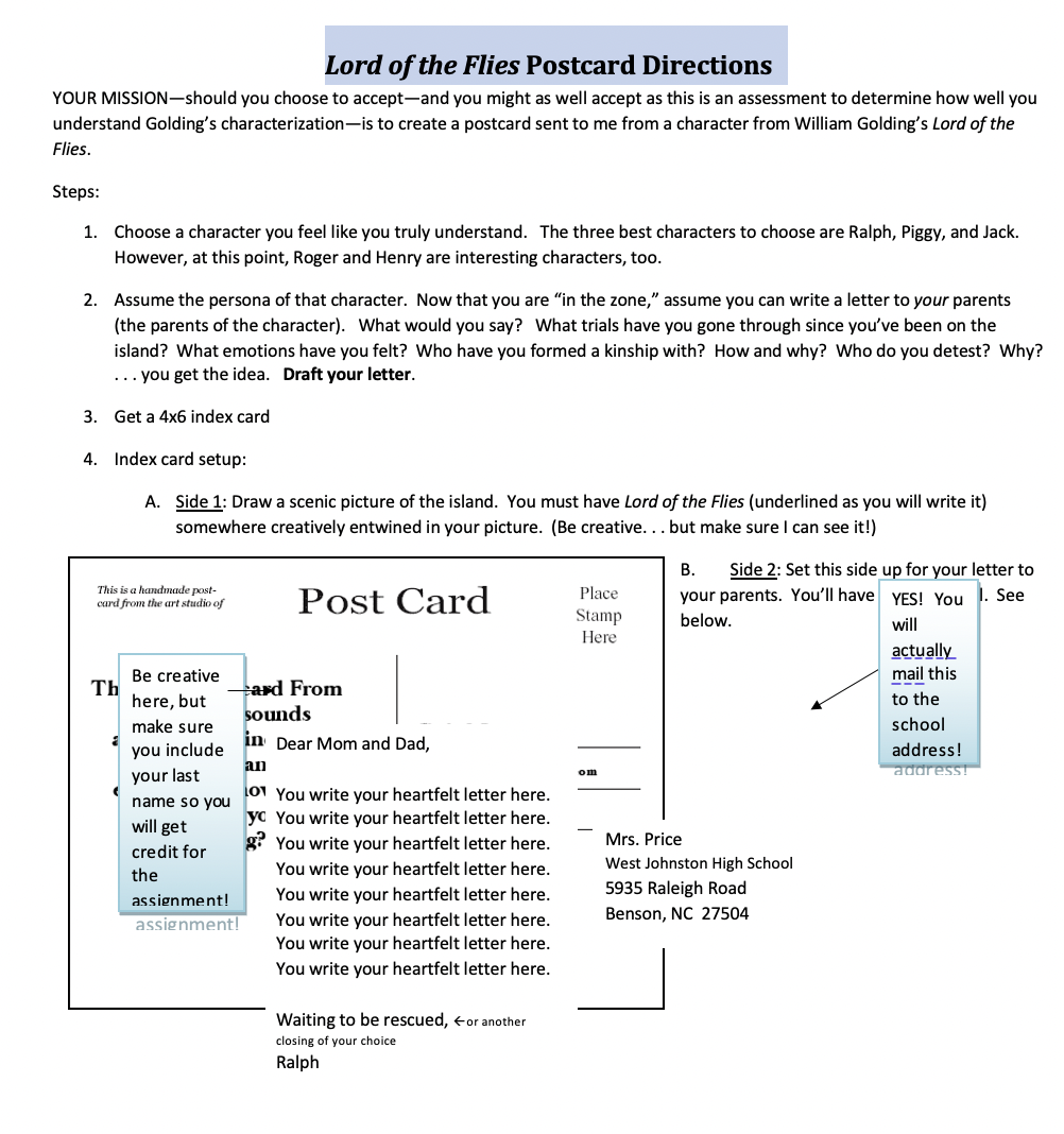 Lord of the Flies Postcard Directions Performance