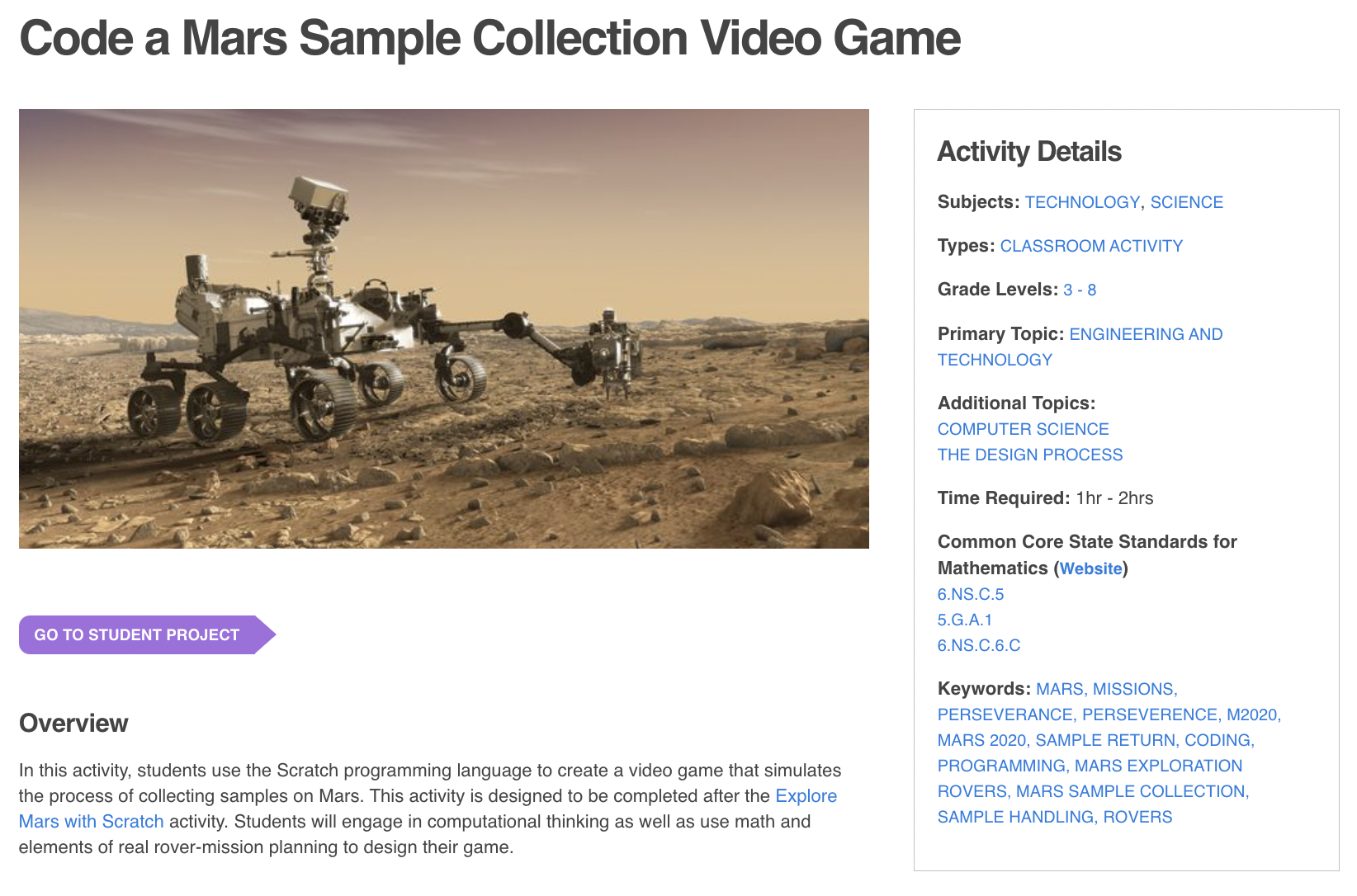 Code a Mars Sample Collection Video Game Activity