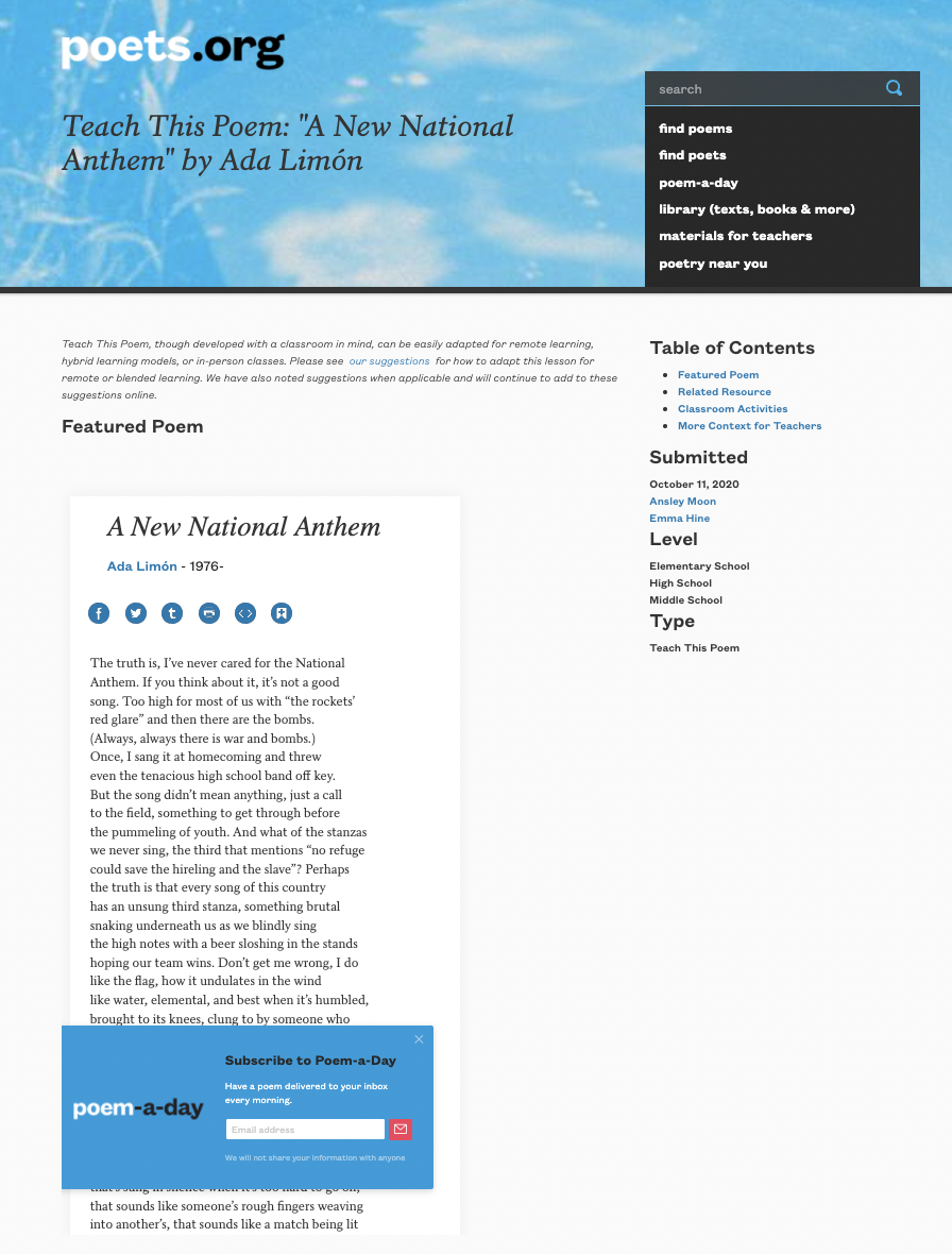 Teach This Poem: "A New National Anthem" by Ada Limón Lesson Plan