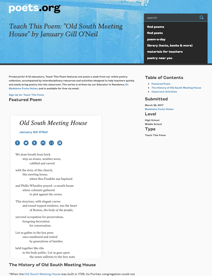 Teach This Poem: "Old South Meeting House" by January Gill O'Neil Lesson Plan
