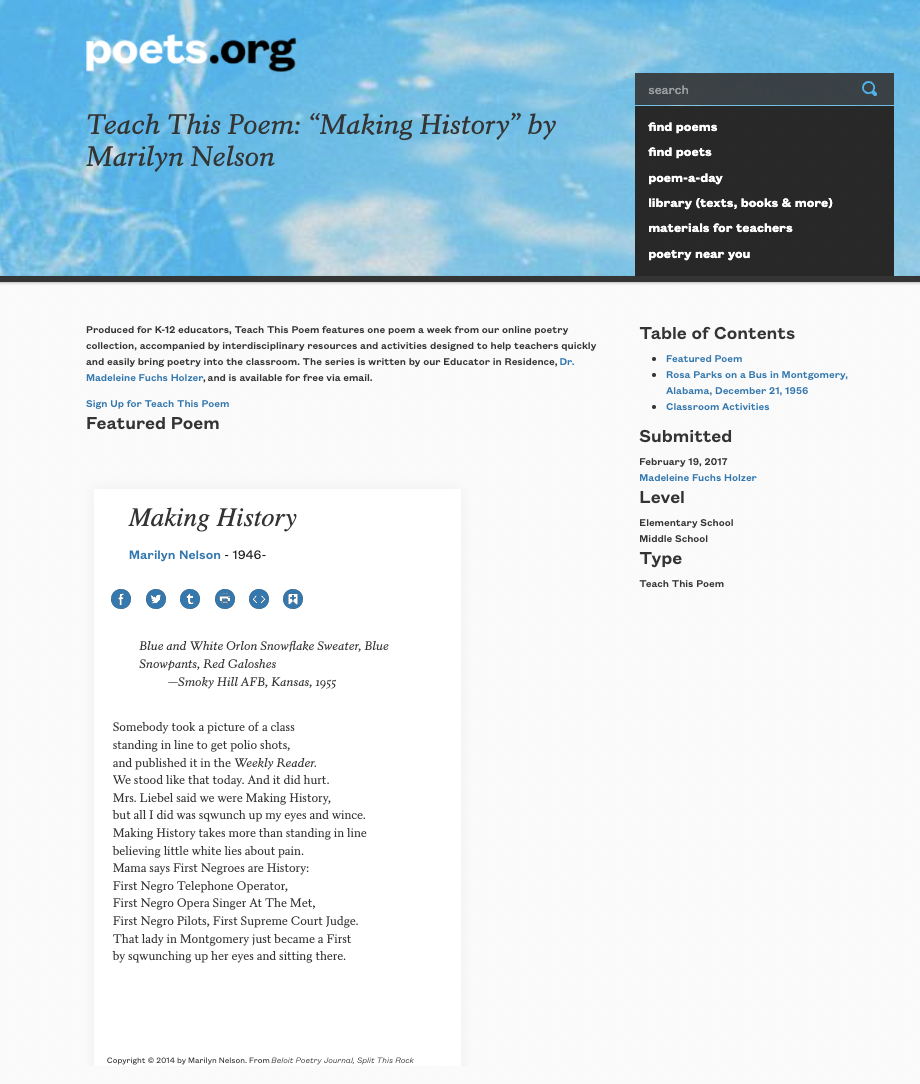 Teach This Poem: “Making History” by Marilyn Nelson Lesson Plan