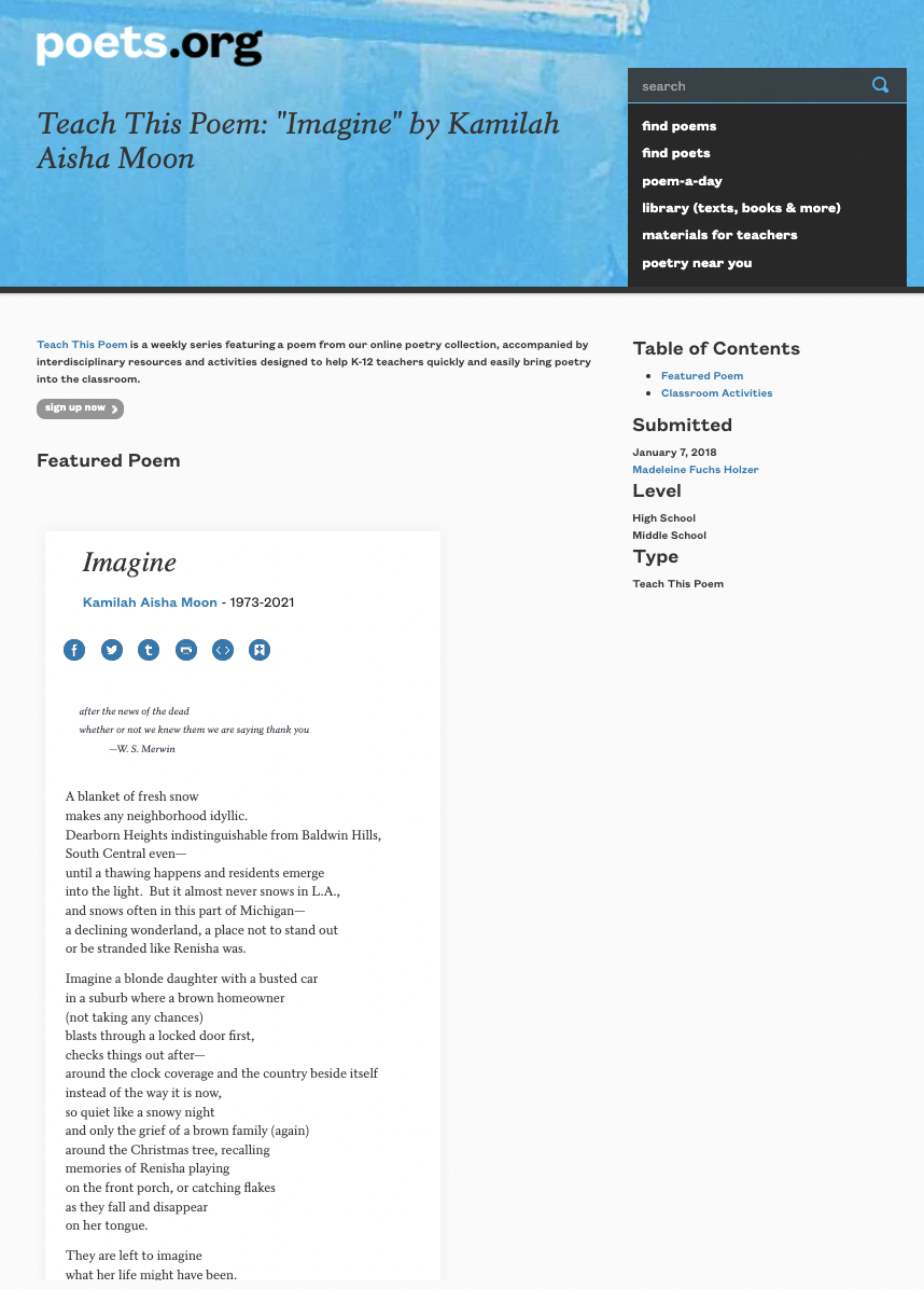 Teach This Poem: "Imagine" by Kamilah Aisha Moon Lesson Plan