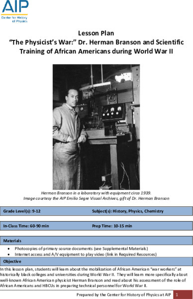 The Physicist's War: Dr. Herman Branson and the Scientific Training of African Americans during World War II Lesson Plan