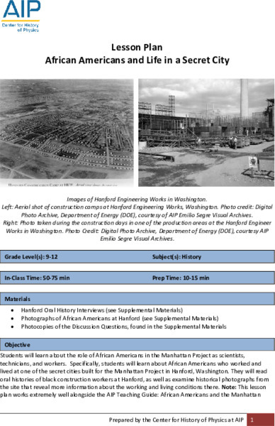 African Americans and Life in a Secret City Lesson Plan