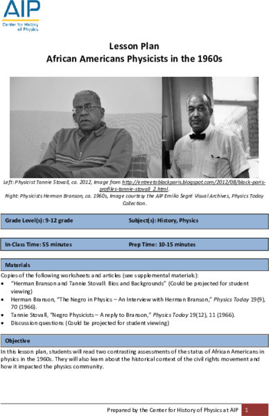 African American Physicists in the 1960s Lesson Plan