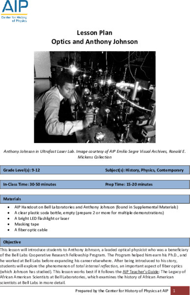 Optics and Anthony Johnson Lesson Plan