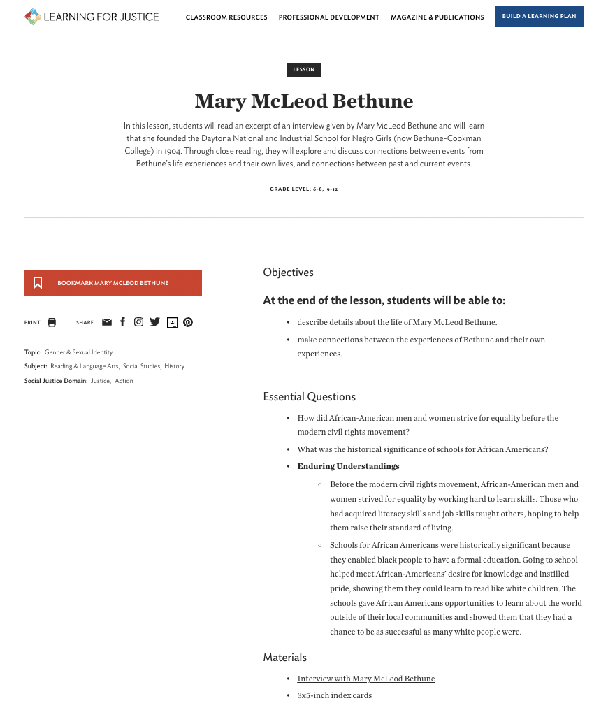 Mary McLeod Bethune Lesson Plan