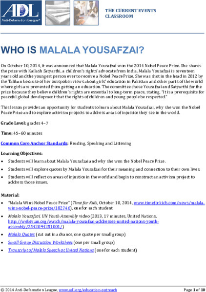 Who is Malala Yousafzai? Lesson Plan