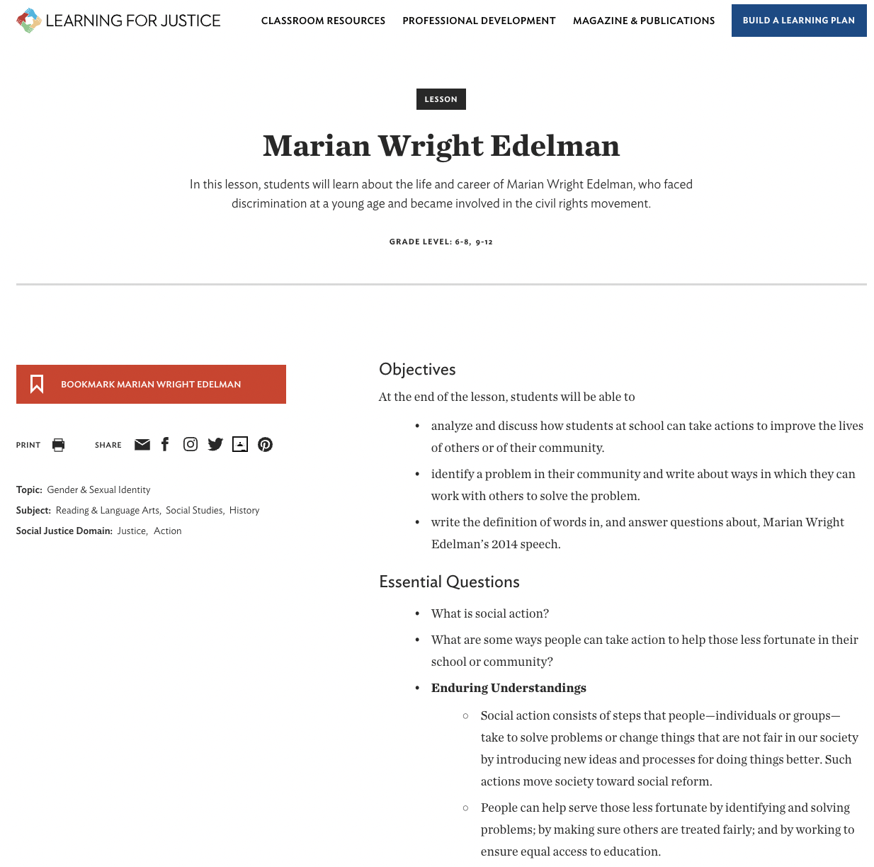 Marian Wright Edelman Lesson Plan