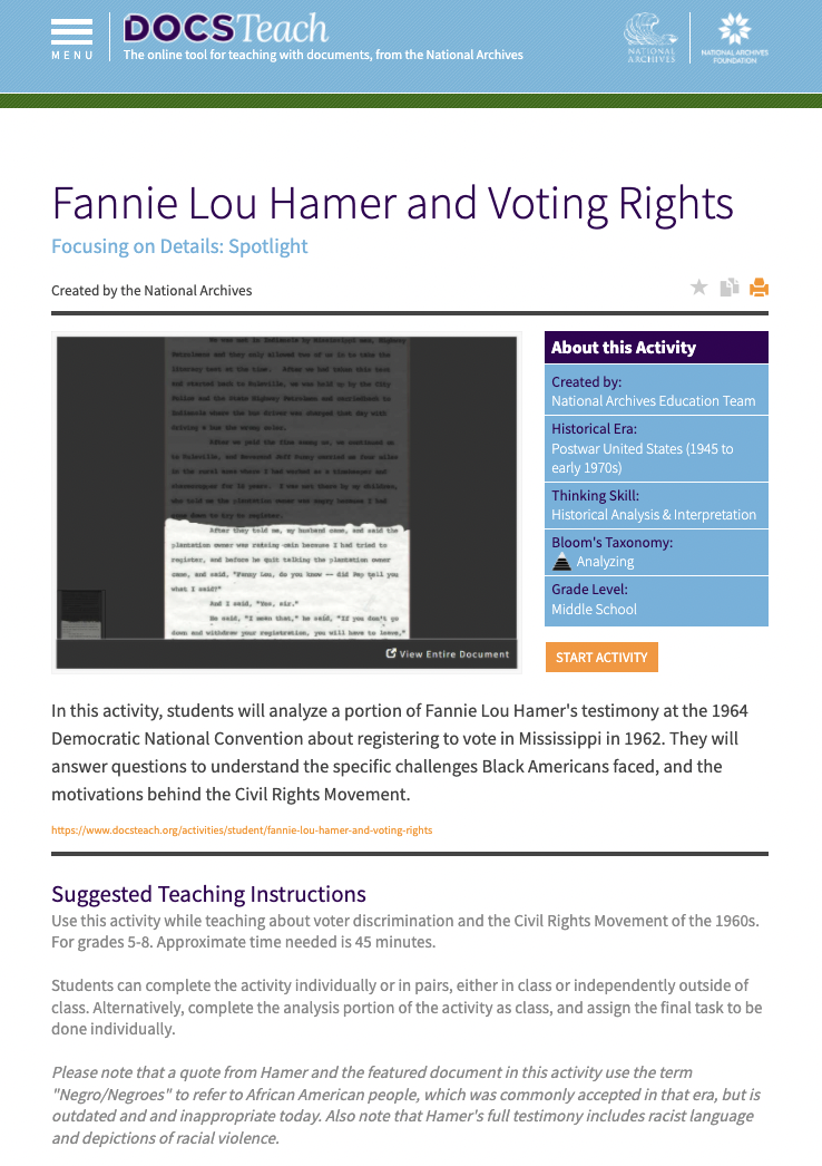 Fannie Lou Hamer and Voting Rights Interactive