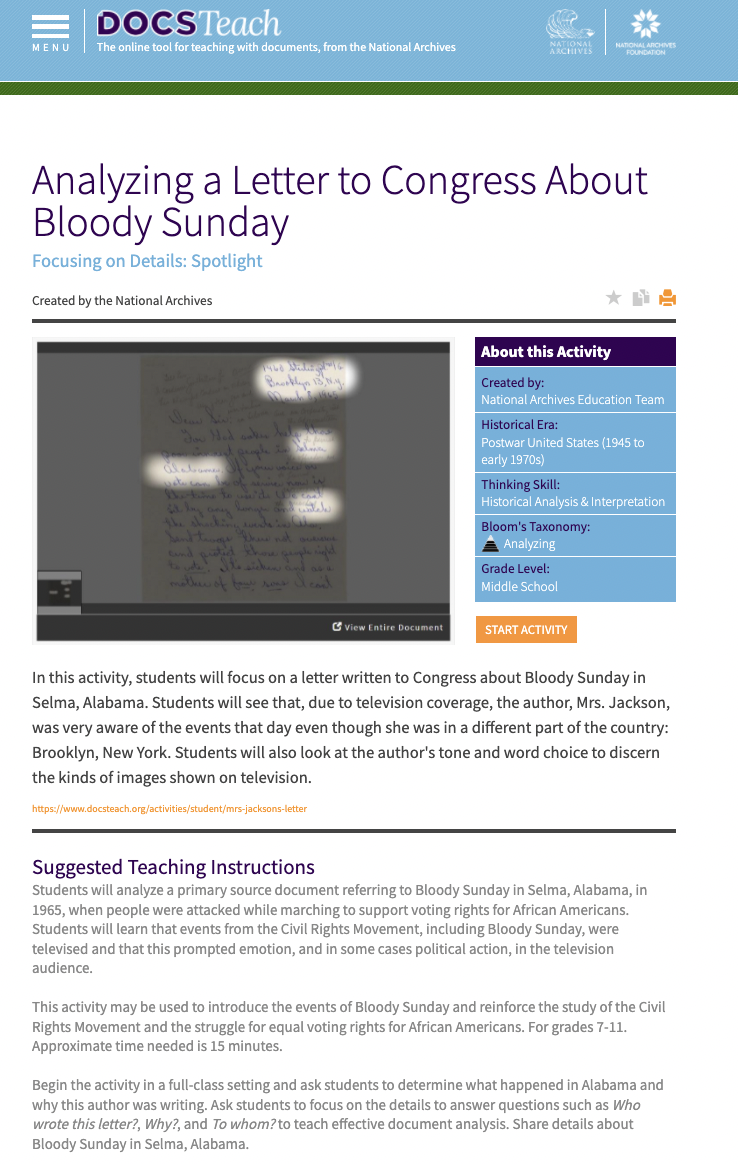 Analyzing a Letter to Congress About Bloody Sunday Interactive