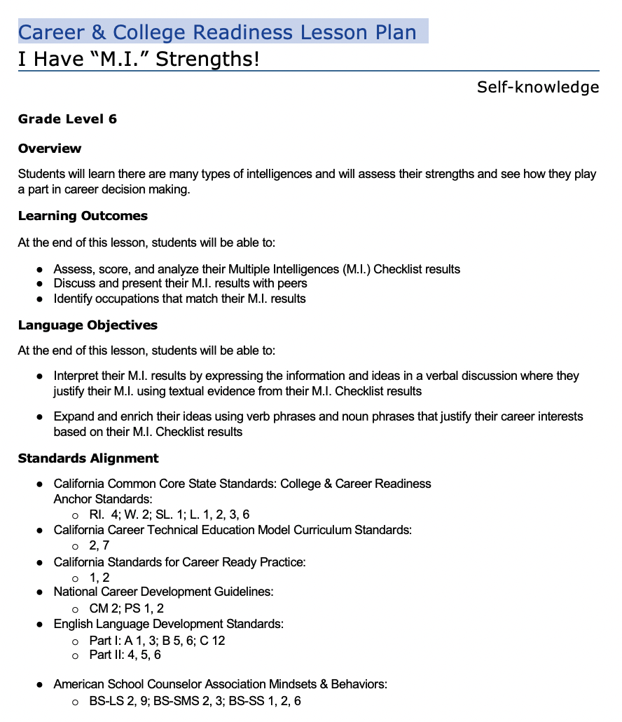 I Have “M.I.” Strengths! Lesson Plan