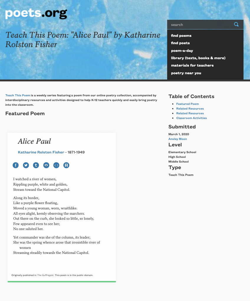 Teach This Poem: "Alice Paul" by Katharine Rolston Fisher Lesson Plan