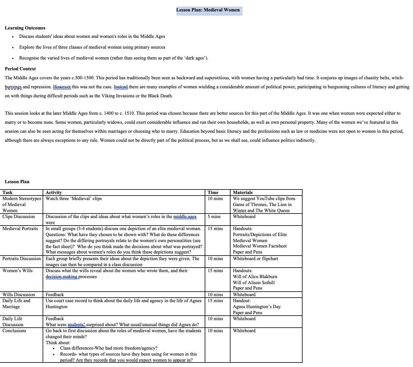 Medieval Women Lesson Plan