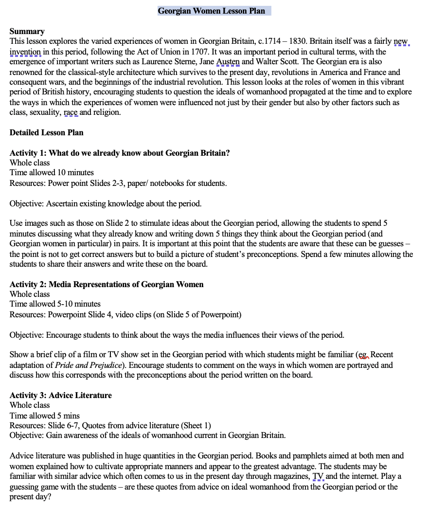 Georgian Women Lesson Plan
