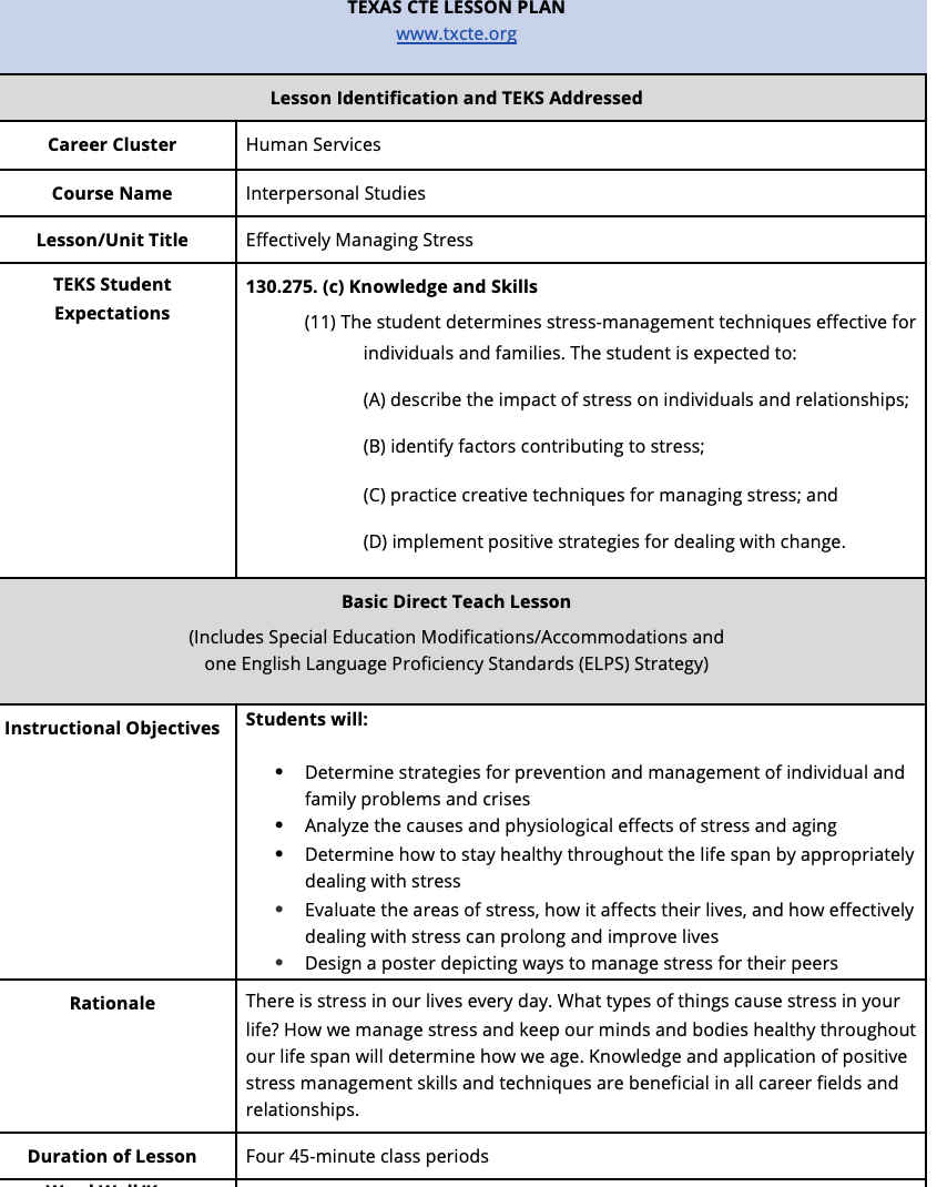 Effectively Managing Stress Lesson Plan