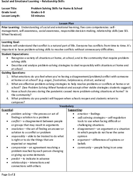 Problem Solving Skills for Home and School Lesson Plan