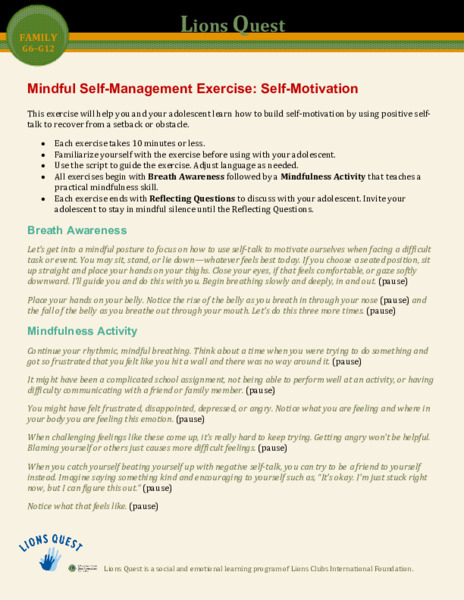 Mindful Self-Management Exercise: Self-Motivation Activity